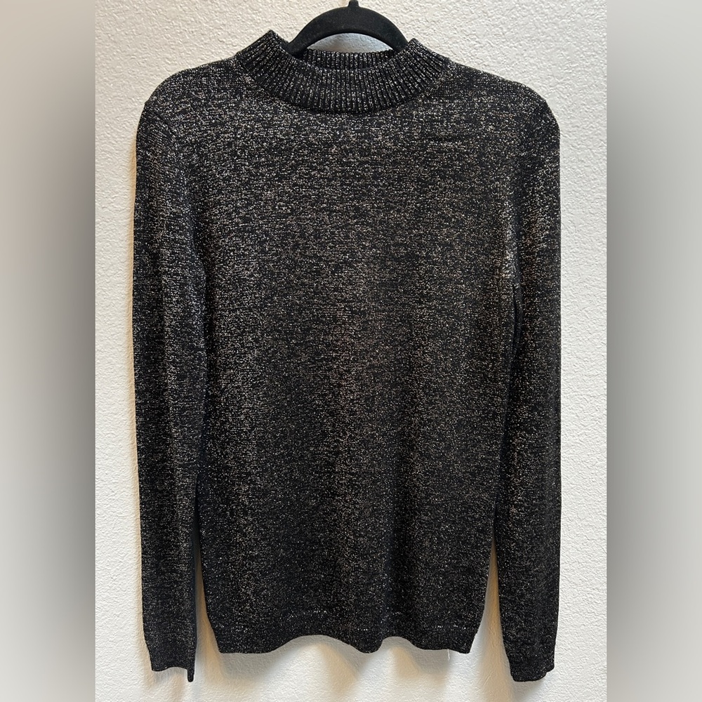 Diane Von Furstenburg Long Sleeve High Neck Metallic Sweater Black Gold Medium